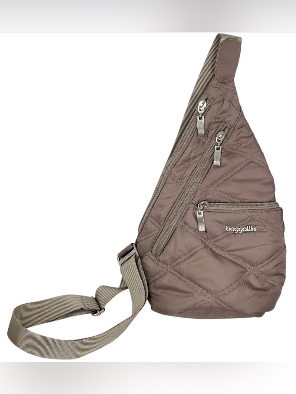 Baggallini Quilted Sling Bag Taupe Travel Crossbody Purse Nylon Pockets
